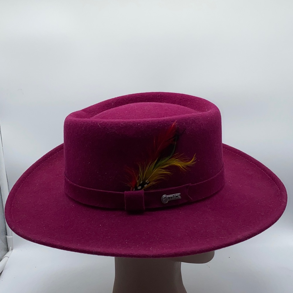Outback Ascot 1322 Magenta Wide Brim Hat with Feather Accent Wool Size Small